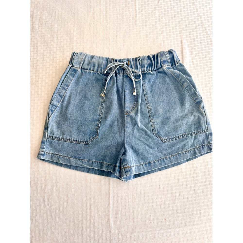 Pink Lily Light Wash Denim Paperbag Shorts Elastic Waist Blue HF24C775 Womens S